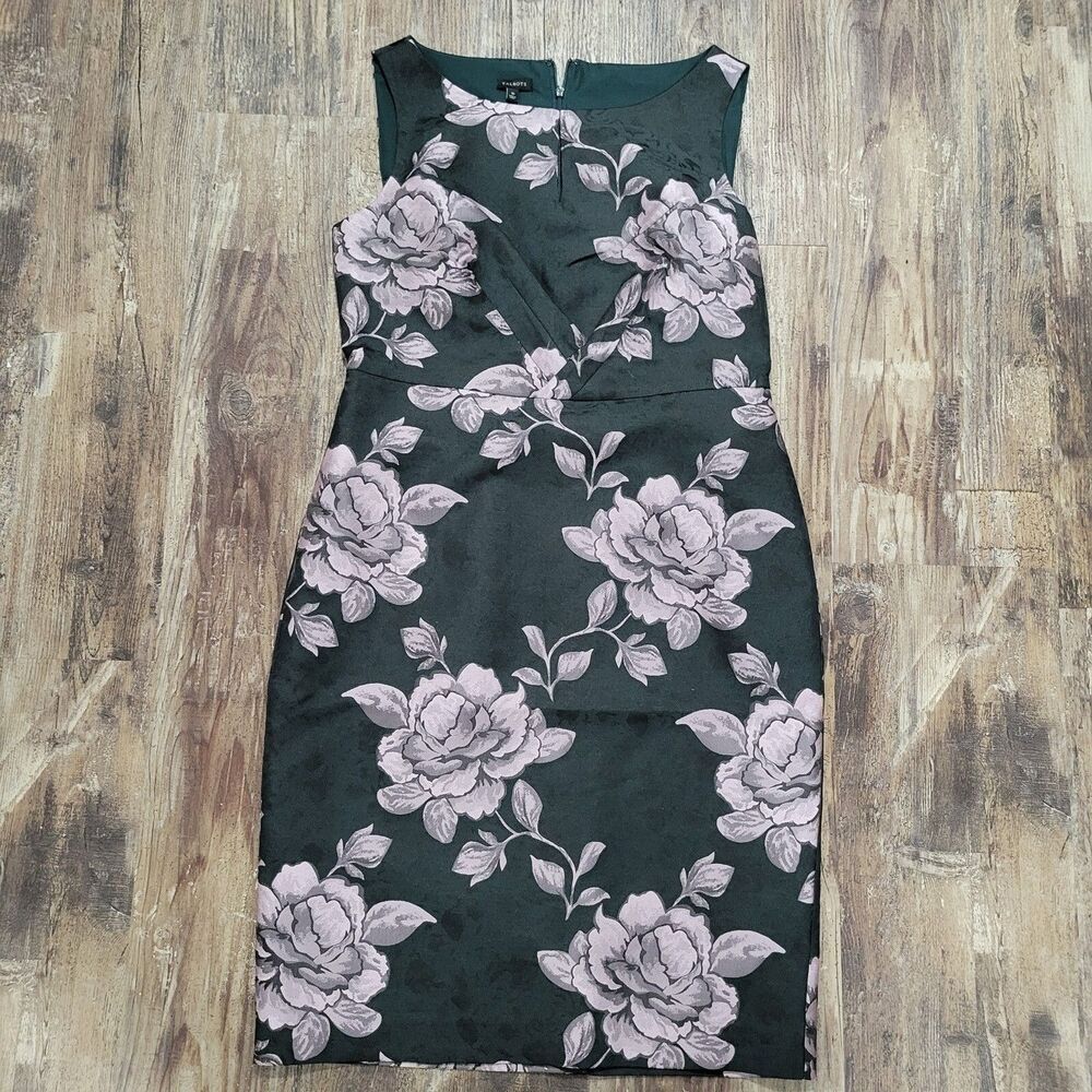Talbots Dark Green Pink Peony Floral Jacquard Sheath Dress Women's 10 Sleeveless